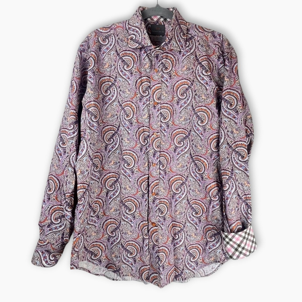 Thomas Dean Paisley Button Down Shirt Purple Pink Cotton Long Sleeve Mens Large
